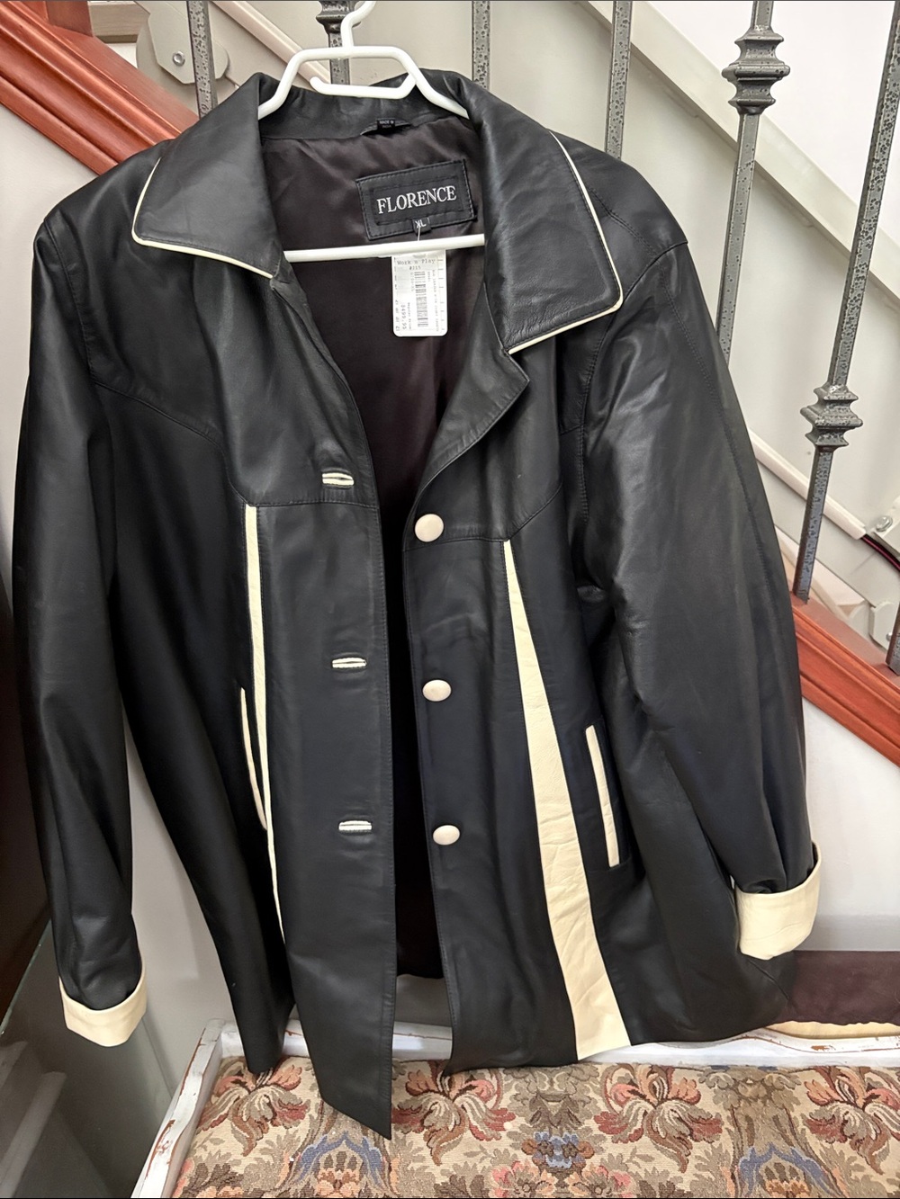 Black Leather Jacket with Cream Trim